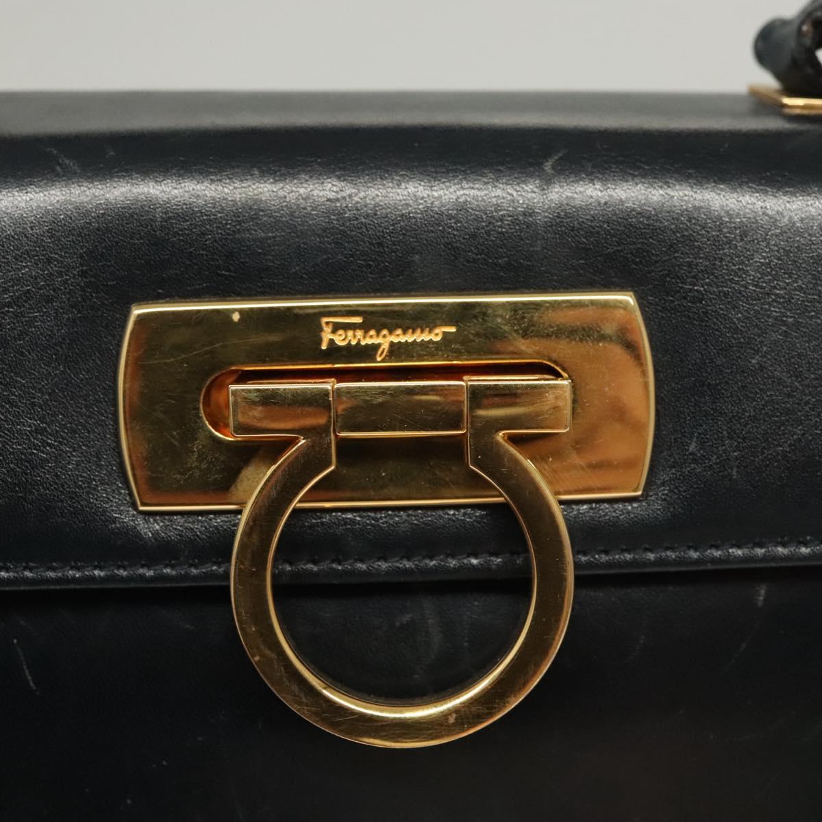 Salvatore Ferragamo Gancini Hand Bag Leather Navy Gold Auth 123913