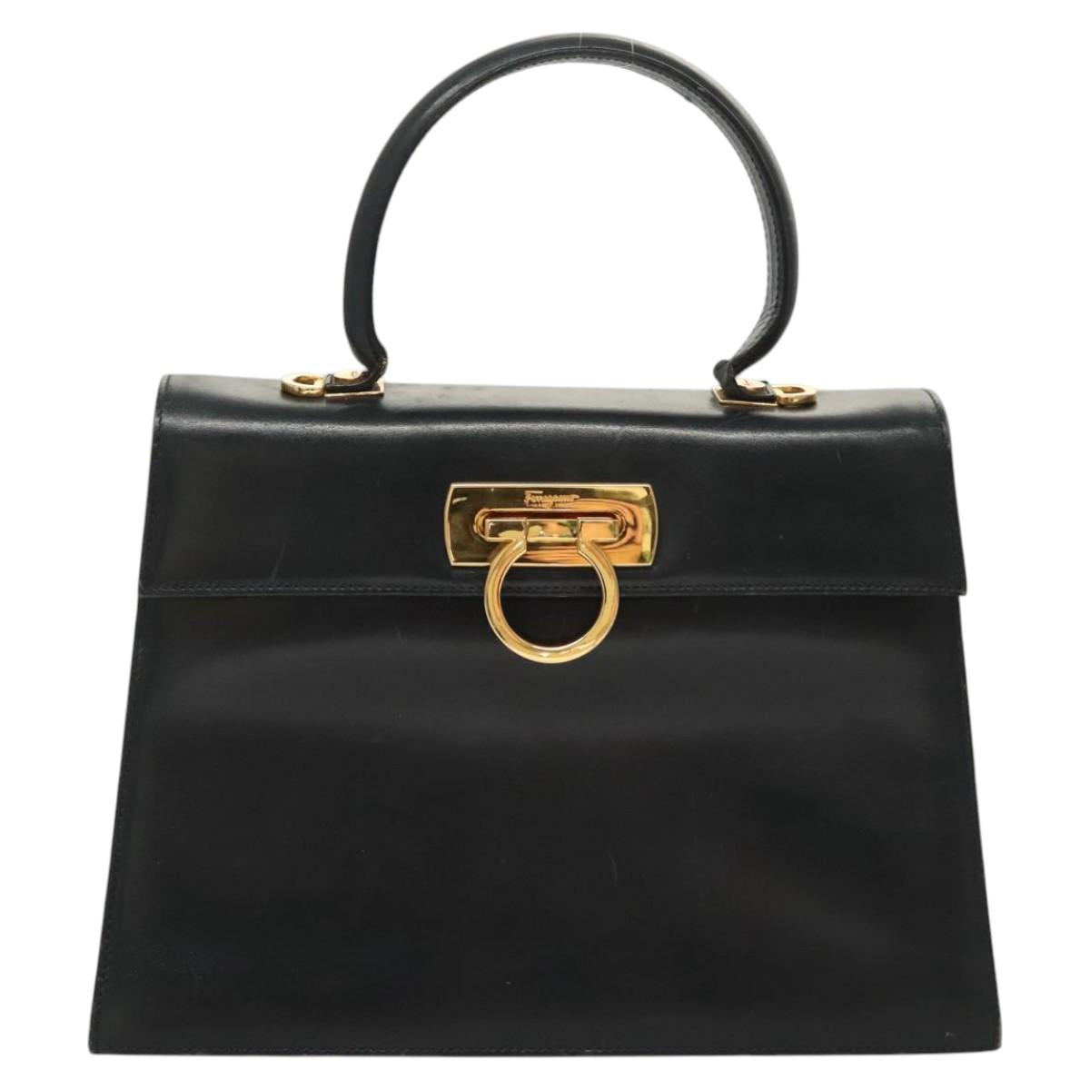 Salvatore Ferragamo Gancini Hand Bag Leather Navy Gold Auth 123913