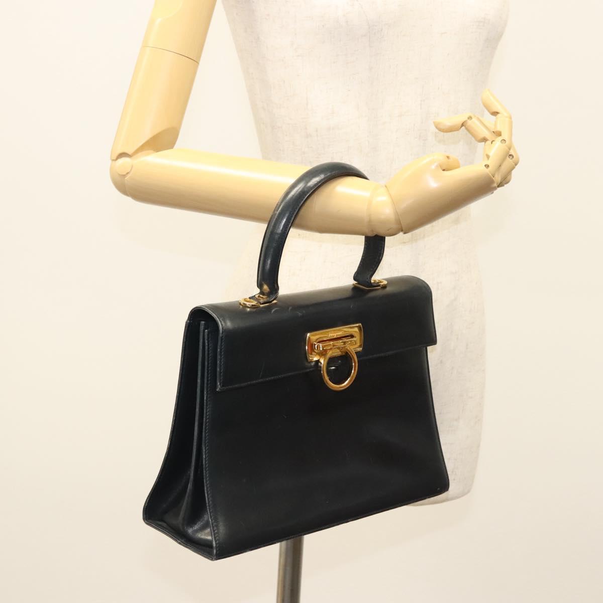 Salvatore Ferragamo Gancini Hand Bag Leather Navy Gold Auth 123913