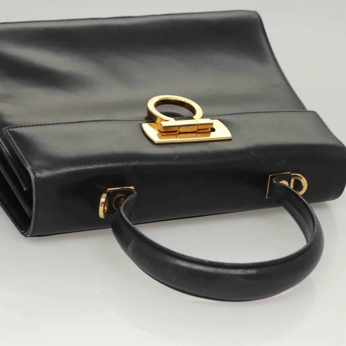 Salvatore Ferragamo Gancini Hand Bag Leather Navy Gold Auth 123913