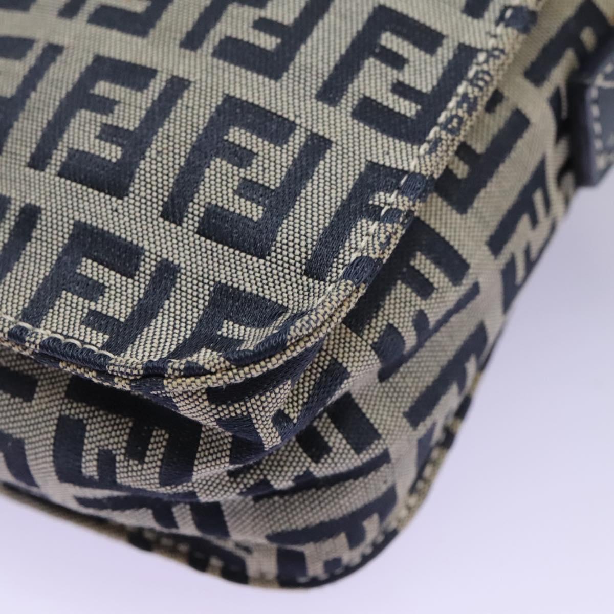 FENDI Zucchino Canvas Shoulder Bag Navy Silver Auth 123978
