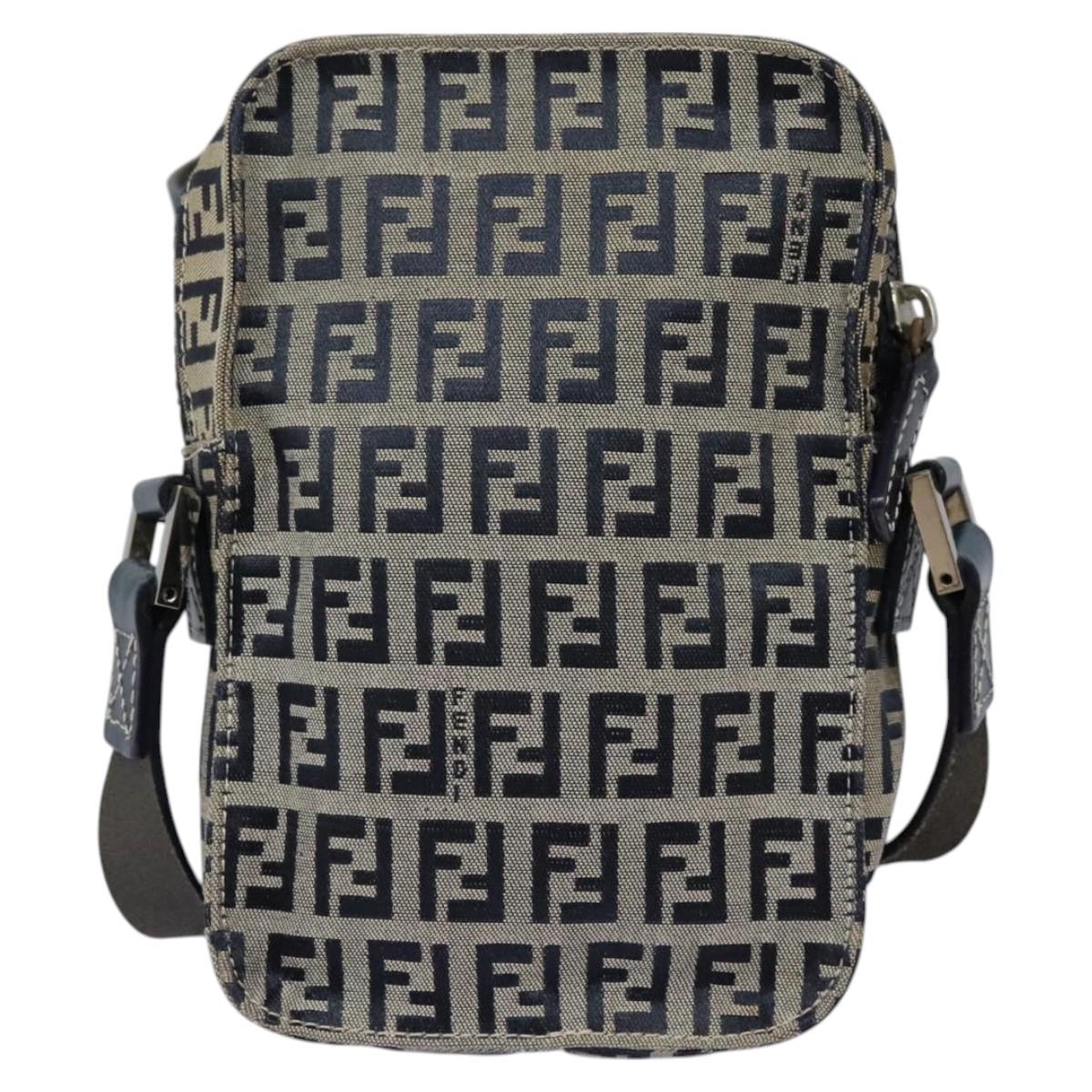 FENDI Zucchino Canvas Shoulder Bag Navy Silver Auth 123978