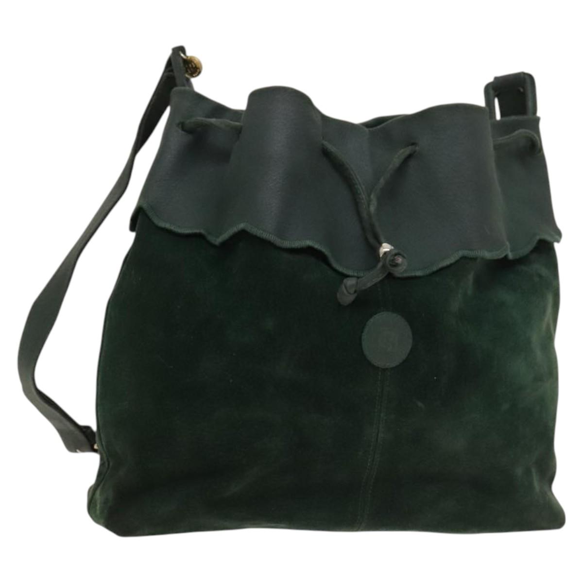 FENDI Shoulder Bag Suede Green Gold Auth 123979