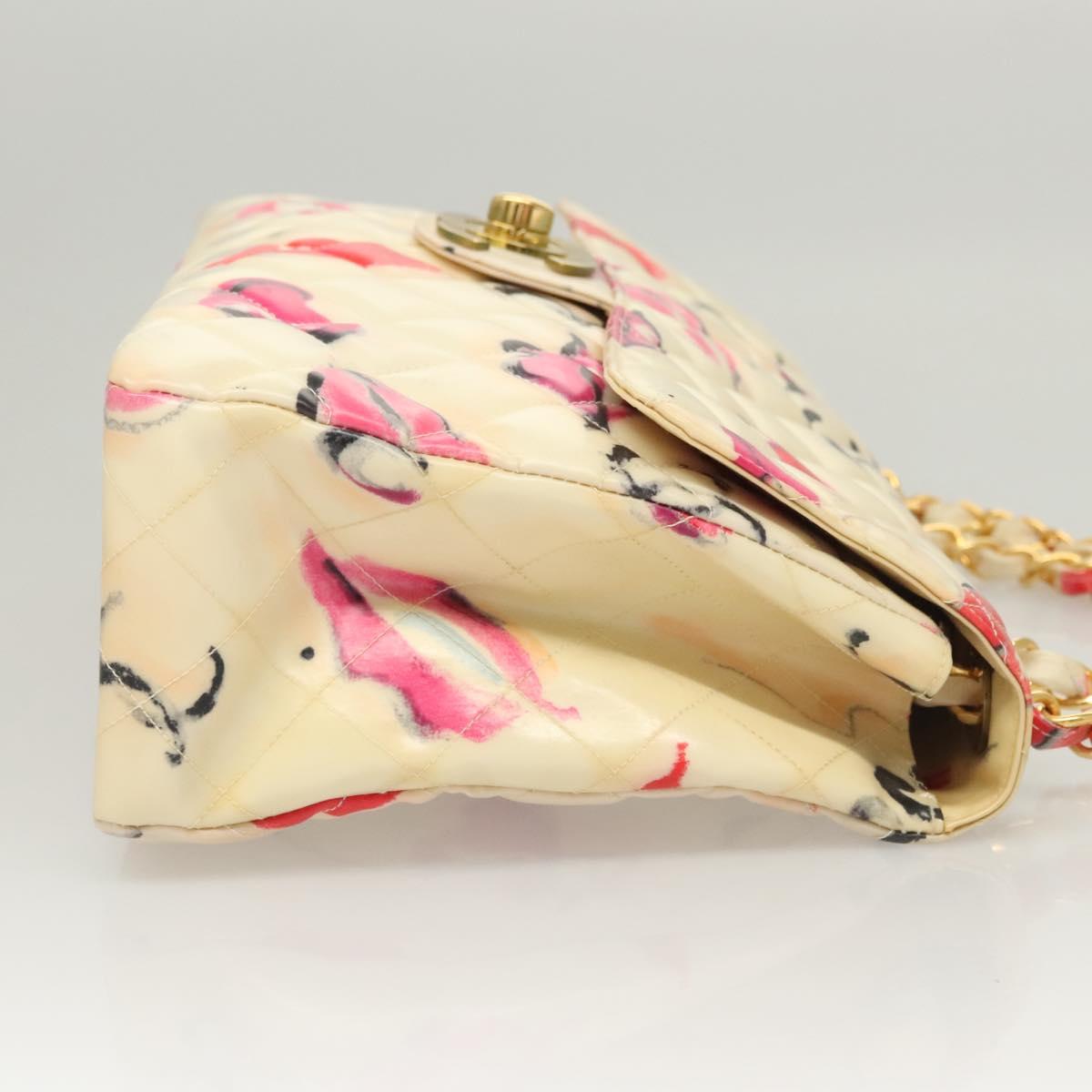 CHANEL Matelasse Chain Shoulder Bag Vinyl Coating White Gold CC Auth 124073AV