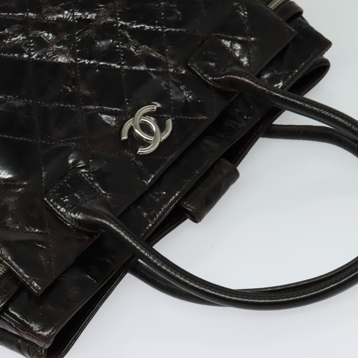 CHANEL Matelasse COCO Mark Hand Bag Patent leather Dark Brown CC Auth 124127