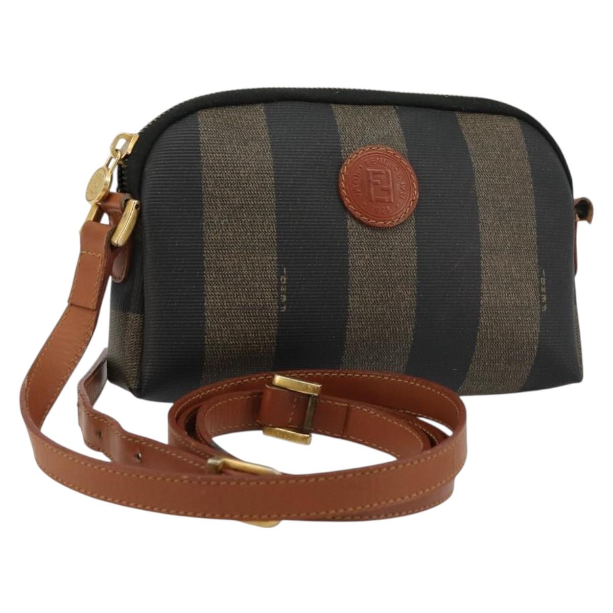 FENDI Pecan Canvas Shoulder Bag PVC Brown Black gold Auth 124174