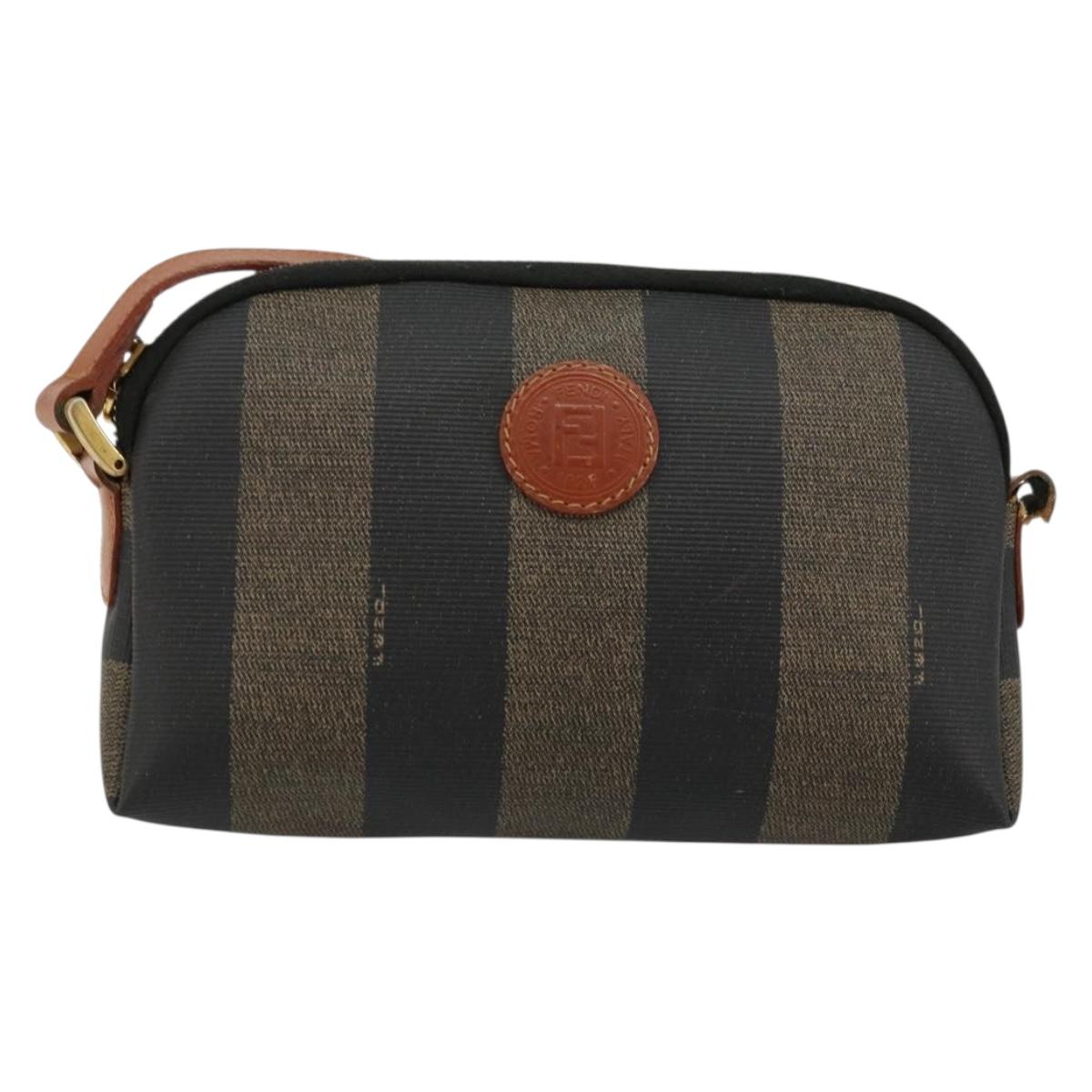 FENDI Pecan Canvas Shoulder Bag PVC Brown Black gold Auth 124174