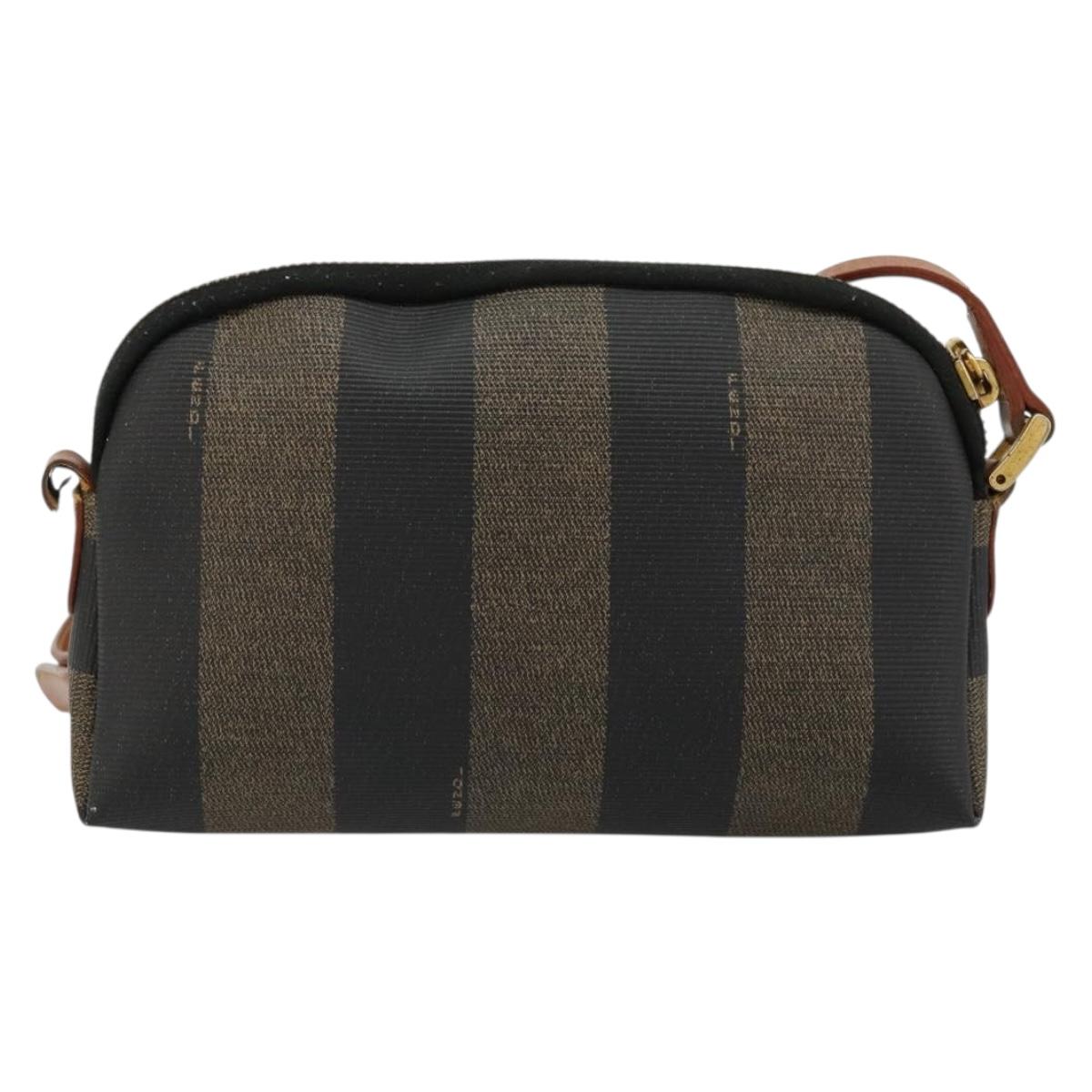 FENDI Pecan Canvas Shoulder Bag PVC Brown Black gold Auth 124174