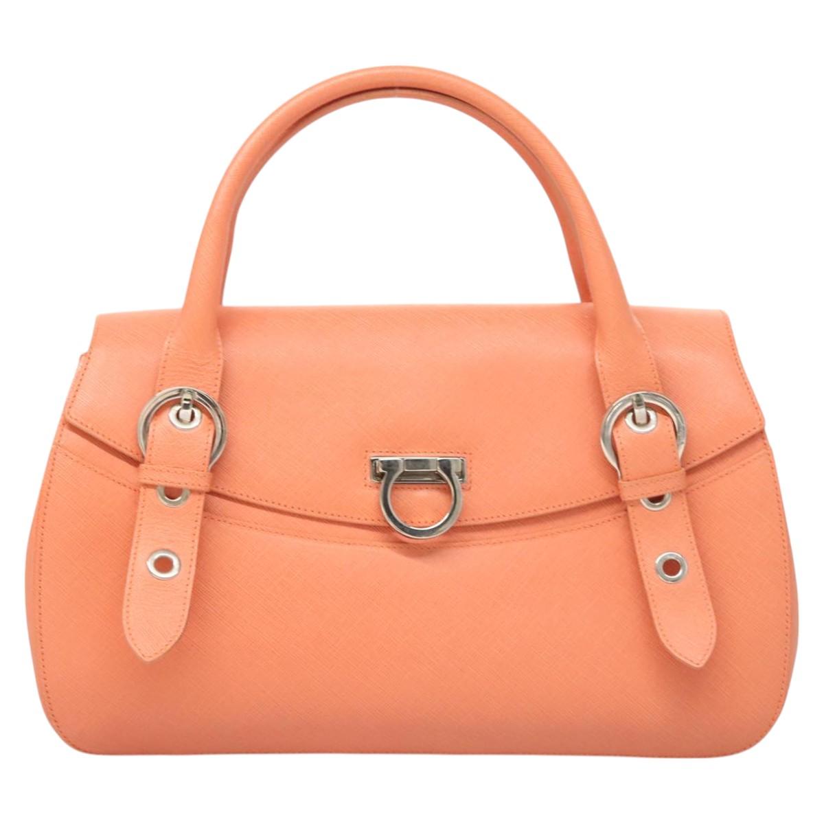 Salvatore Ferragamo Gancini Hand Bag Leather Silver Salmon Pink Auth 124200