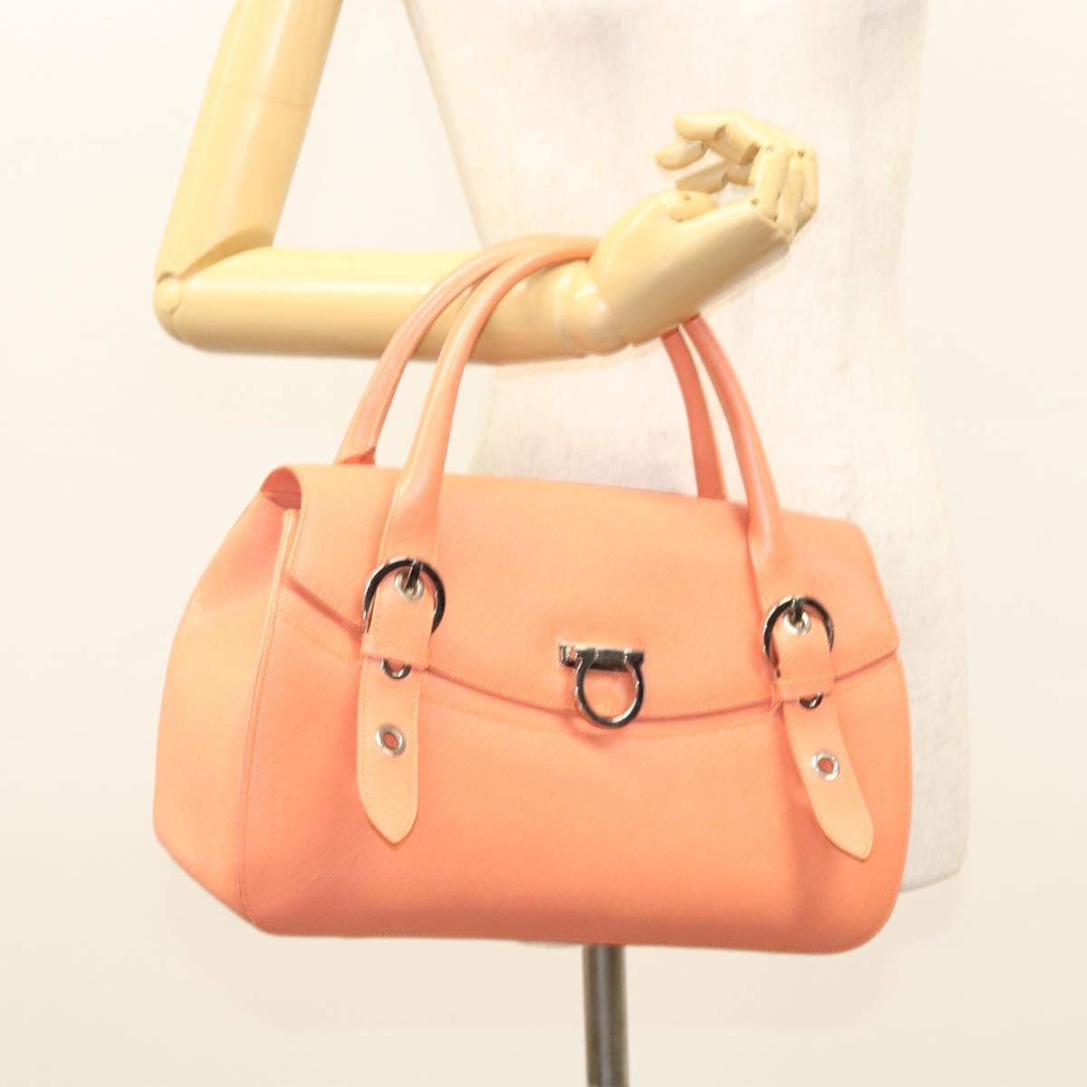 Salvatore Ferragamo Gancini Hand Bag Leather Silver Salmon Pink Auth 124200