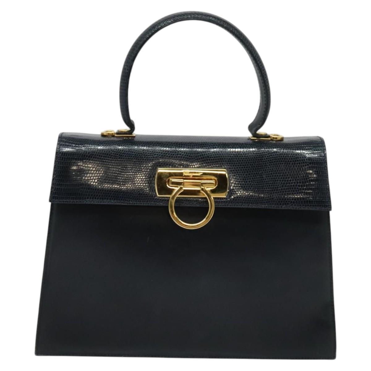 Salvatore Ferragamo Gancini Hand Bag Embossing 2way Navy Gold Auth 124251