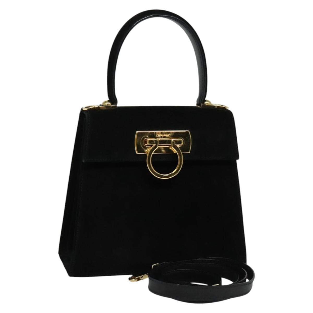 Salvatore Ferragamo Gancini Hand Bag Suede 2way Black Gold Auth 124270