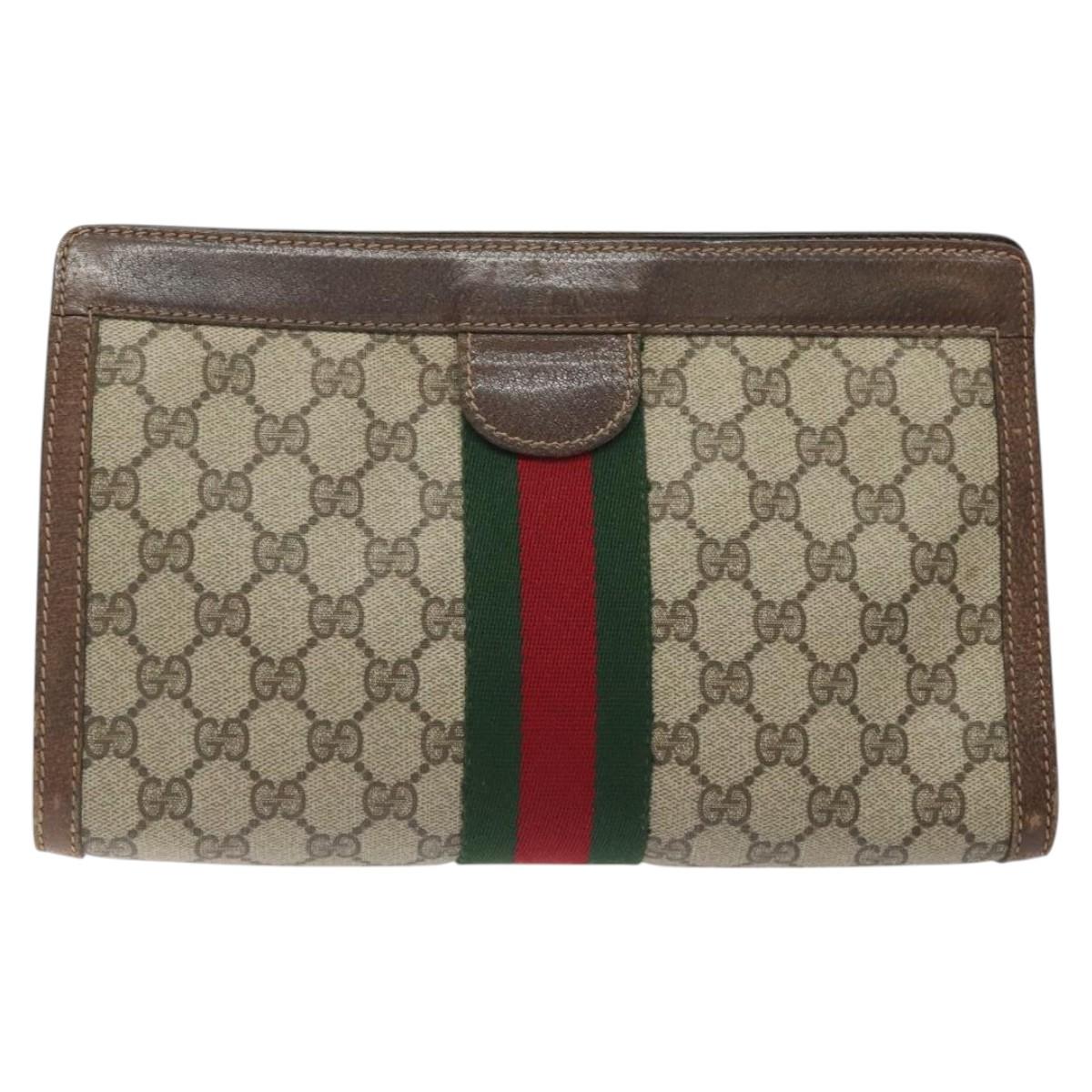 GUCCI GG Supreme Web Sherry Line Clutch Bag PVC Beige 41 014 2125 28 Auth 124275