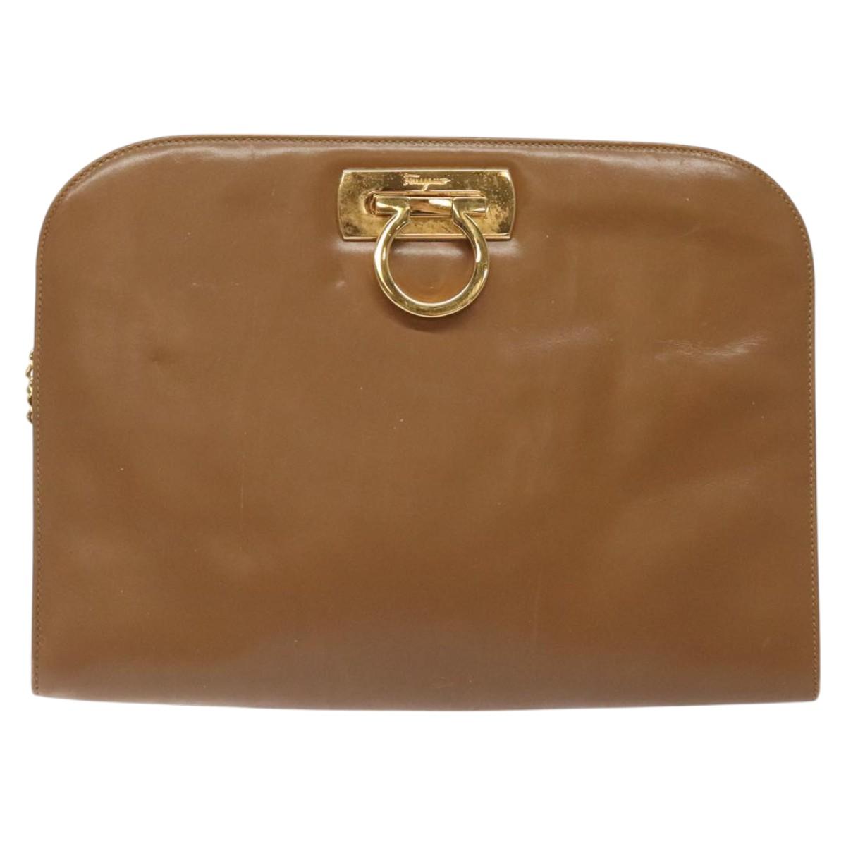 Salvatore Ferragamo Chain Gancini Shoulder Bag Leather Brown Gold Auth 124292