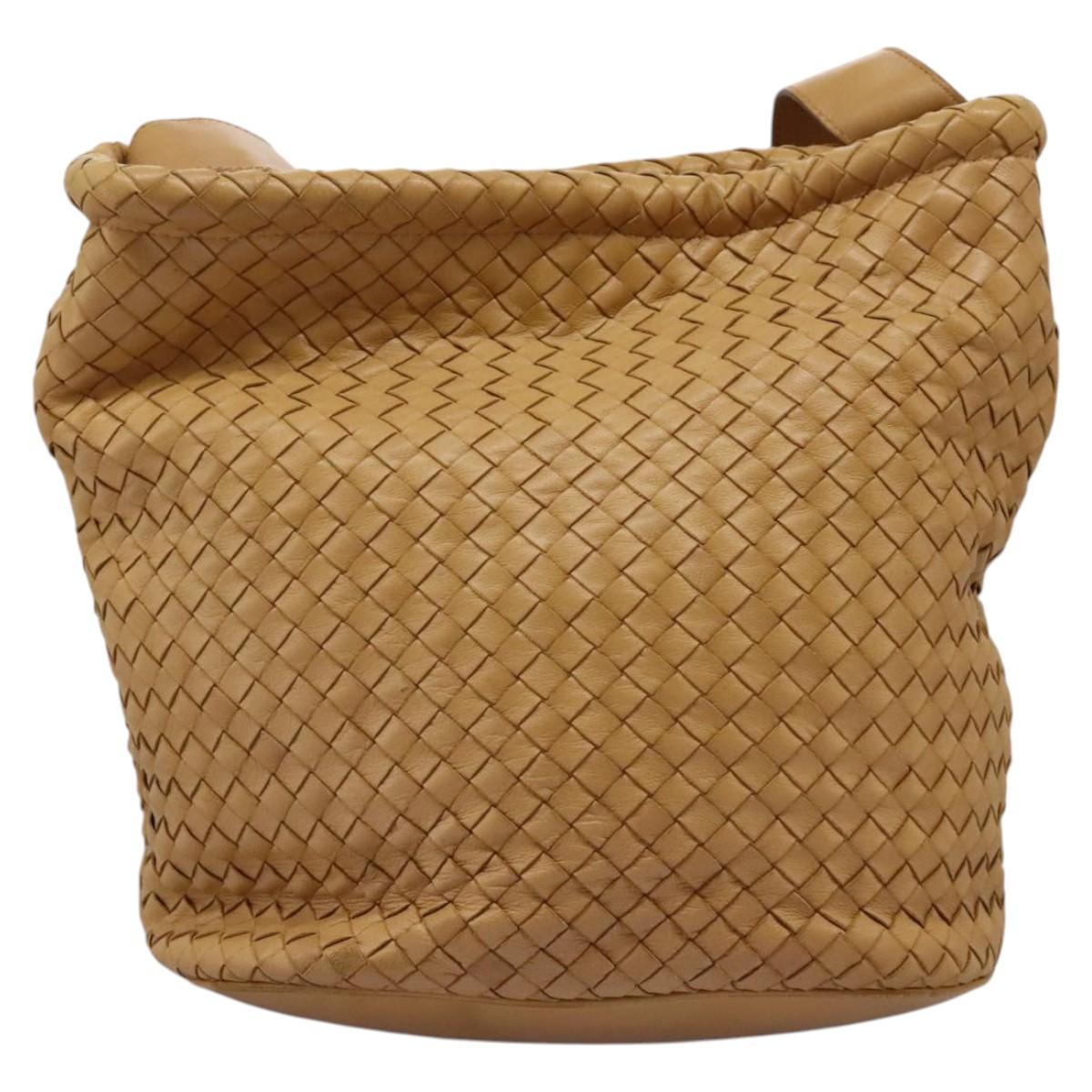 BOTTEGA VENETA INTRECCIATO Shoulder Bag Leather Beige Gold Auth 124293