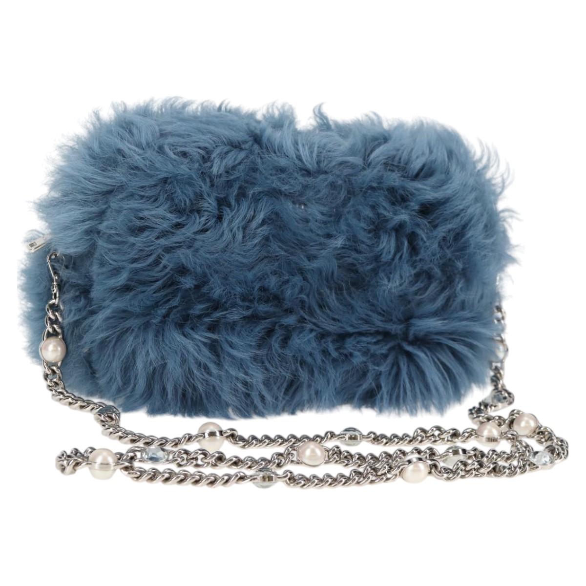 Miu Miu Chain Shoulder Bag Fur Blue Silver 5BD046 Auth 124300M