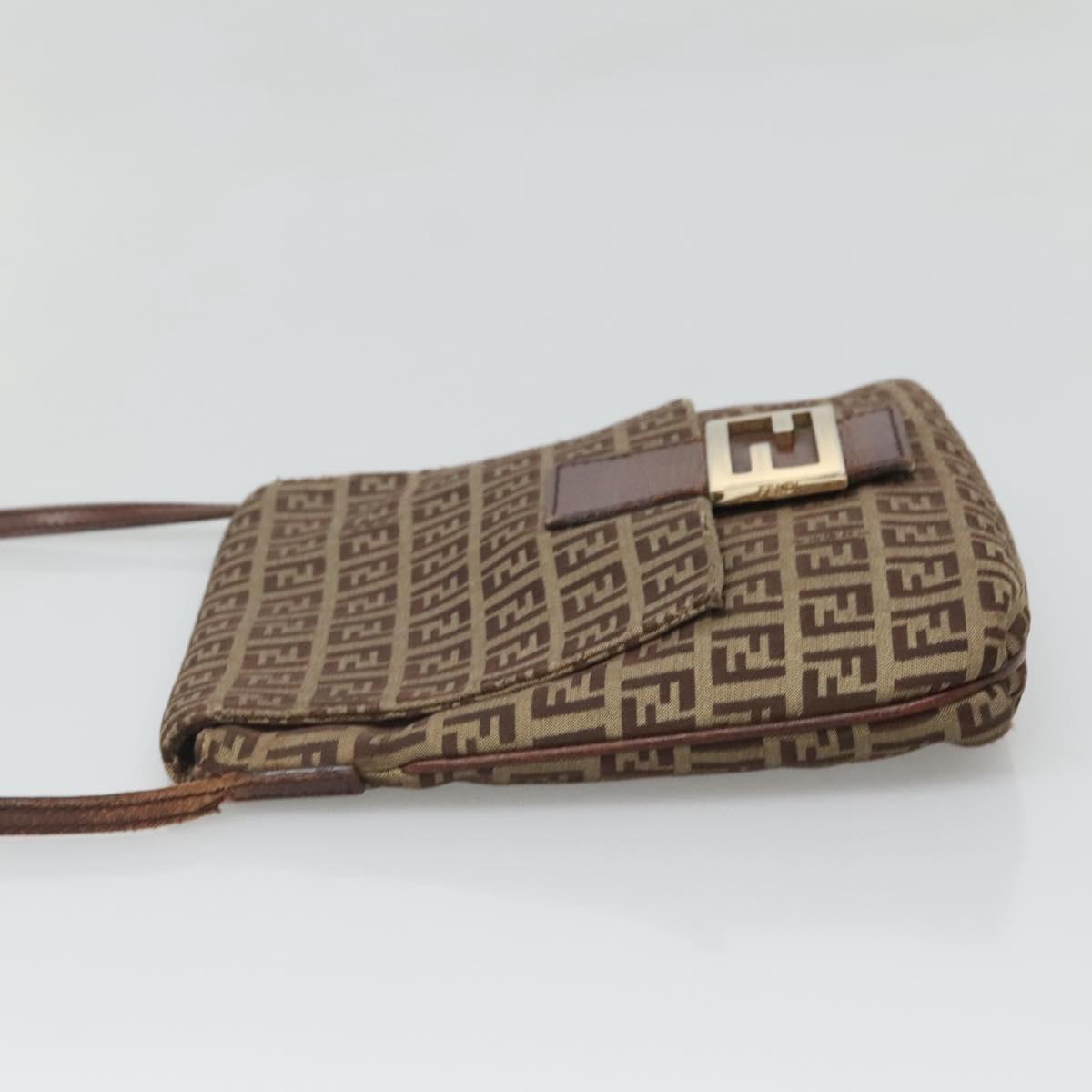 FENDI Zucchino Canvas Shoulder Bag Brown Gold Auth 124351