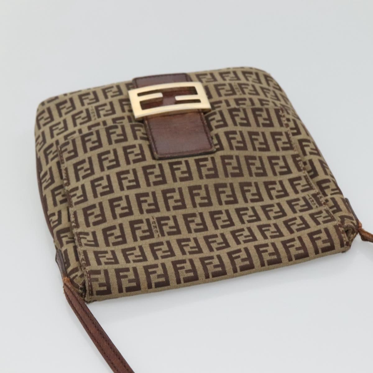 FENDI Zucchino Canvas Shoulder Bag Brown Gold Auth 124351