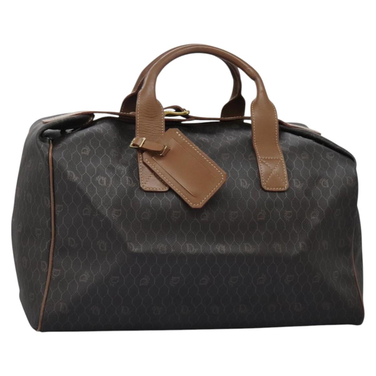 Christian Dior Honeycomb Canvas Boston Bag PVC Black Brown gold Auth 124363