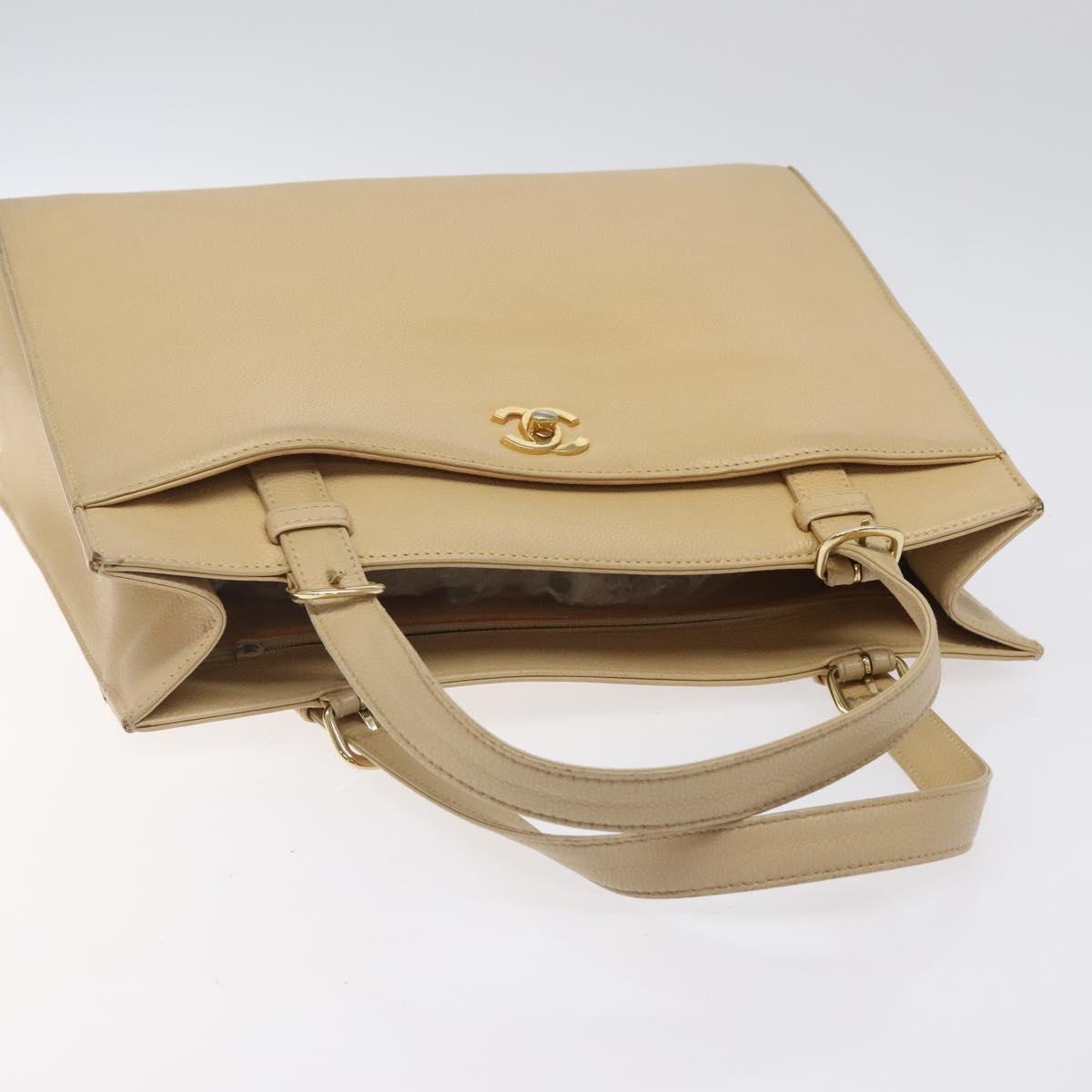 CHANEL Hand Bag Caviar Skin Beige Gold CC Auth 124376