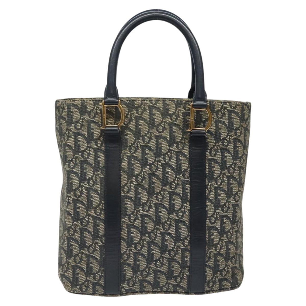 Christian Dior Trotter Canvas Hand Bag Navy Gold Auth 124422