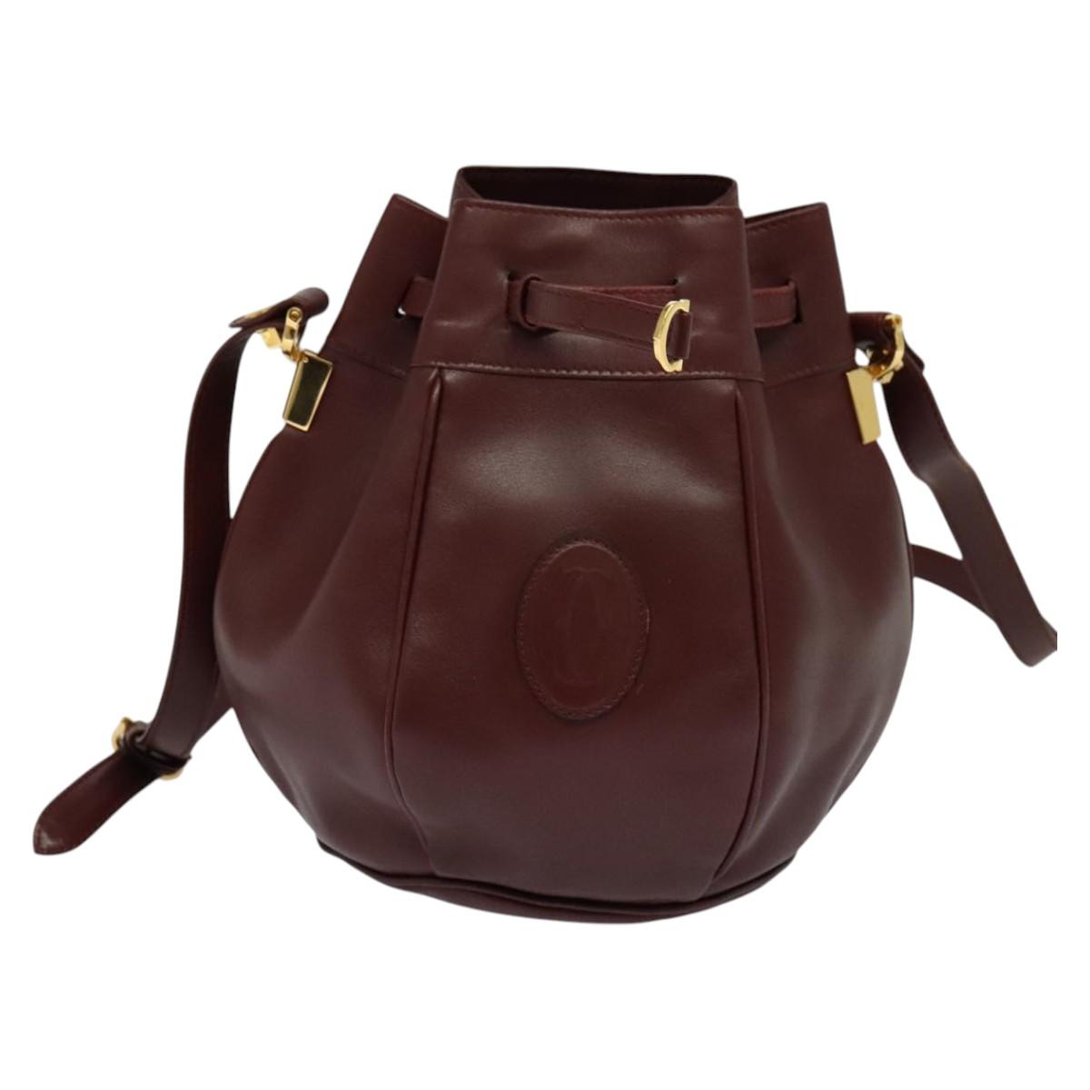 CARTIER Must Line Shoulder Bag Leather Bordeaux Gold Auth 124429