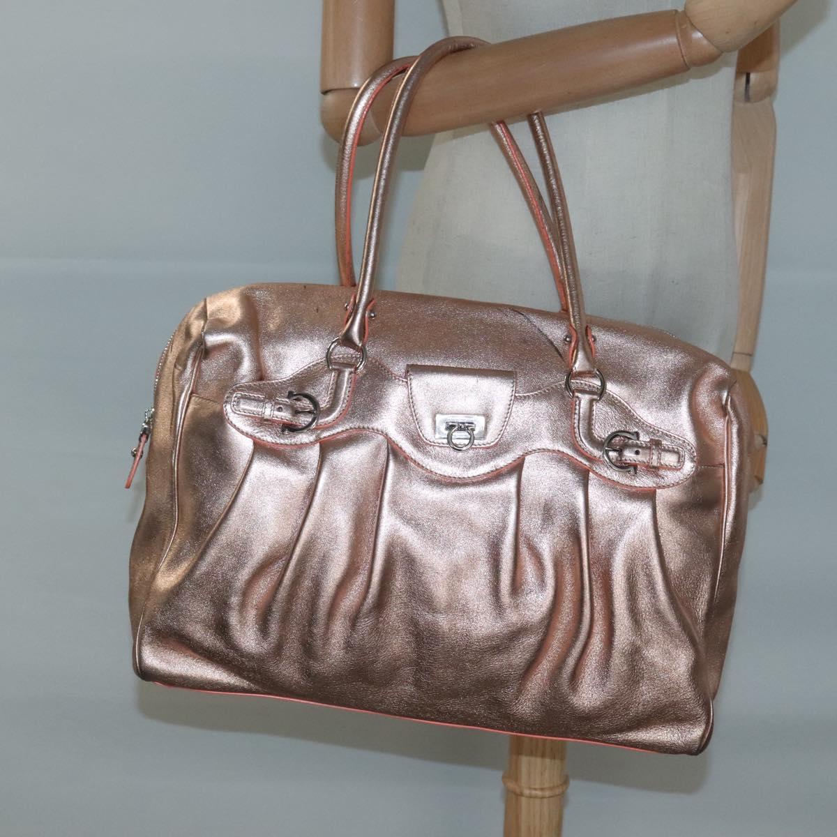 Salvatore Ferragamo Gancini Shoulder Bag Leather Silver Pink gold Auth 124430