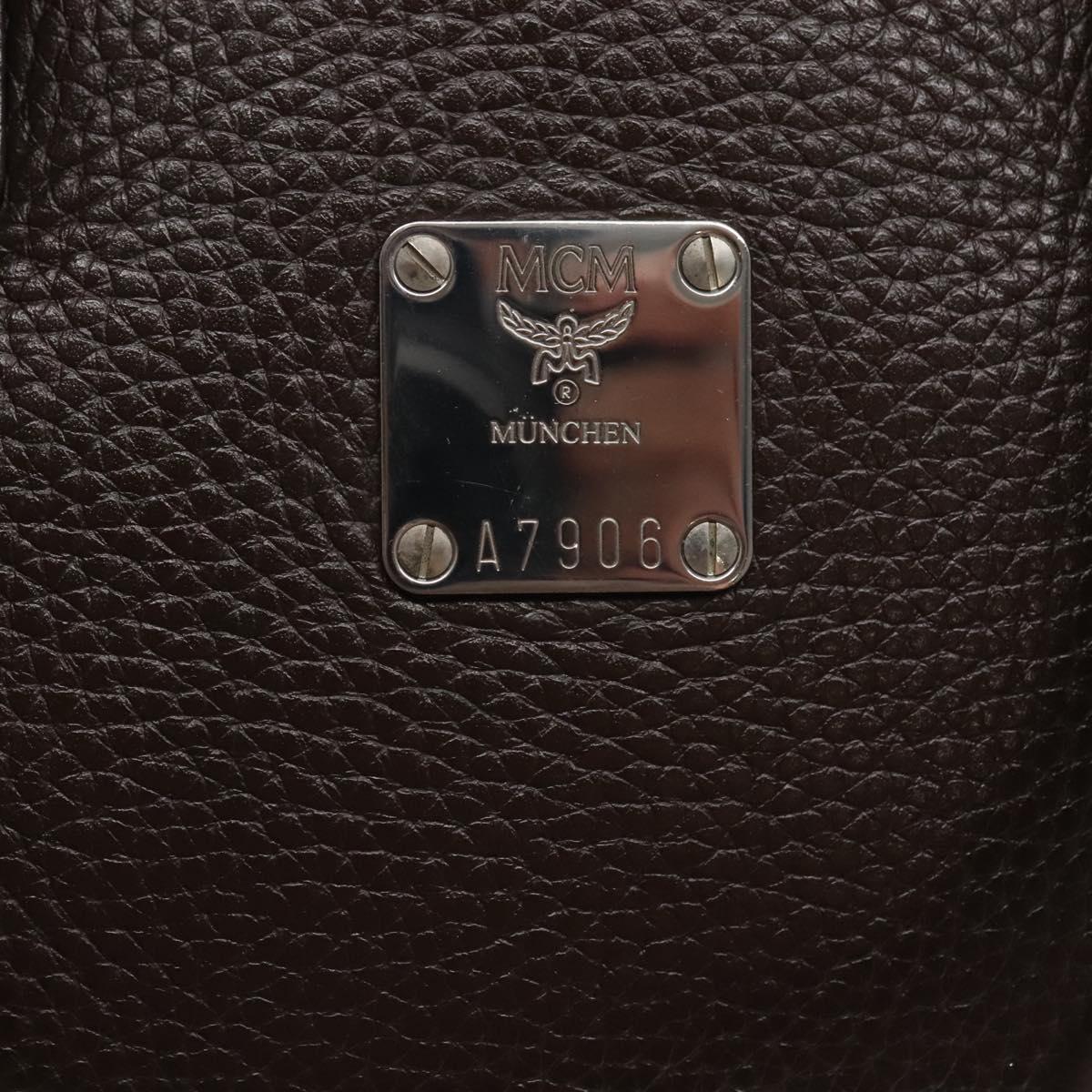 MCM Hand Bag Leather Dark Brown Silver Auth 124506