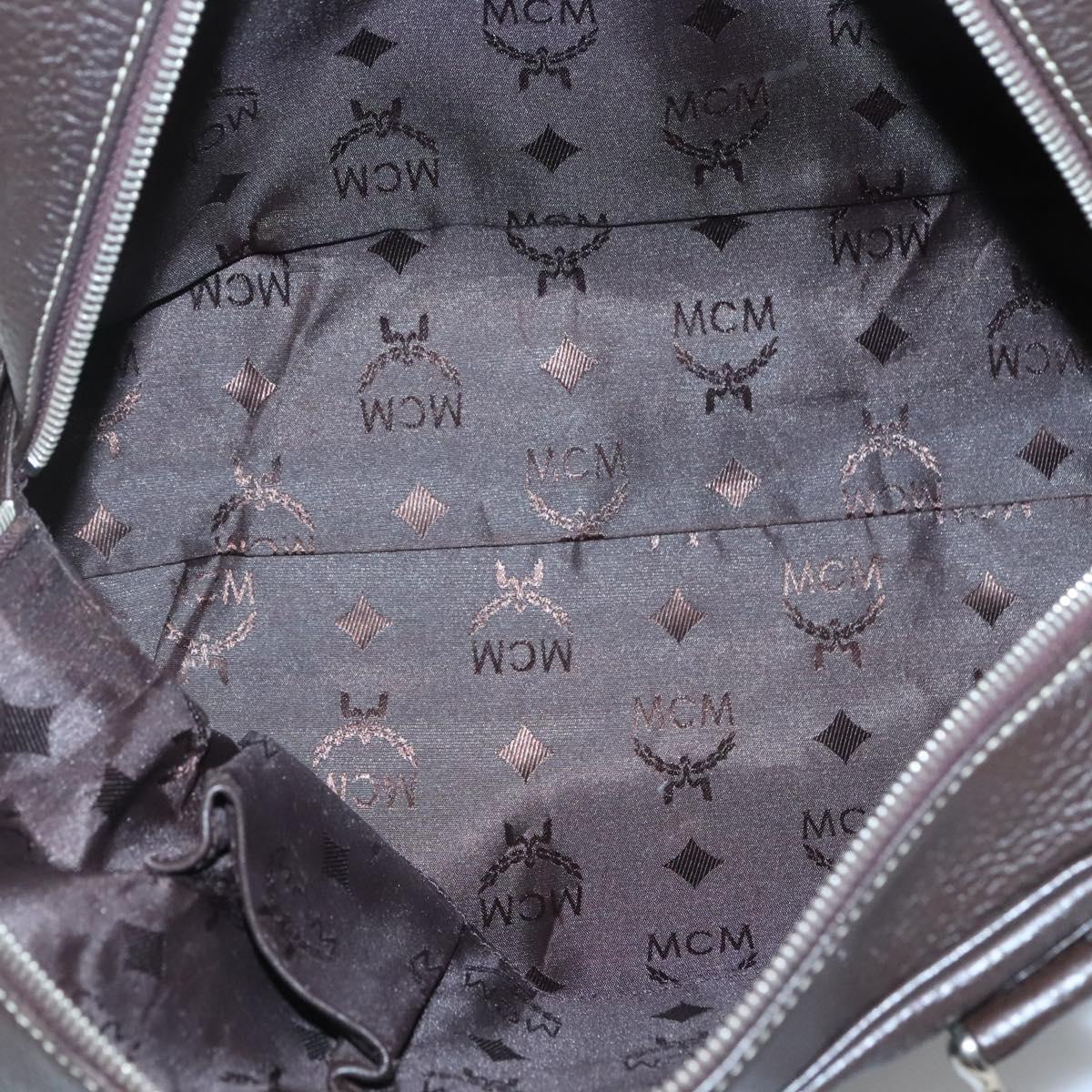 MCM Hand Bag Leather Dark Brown Silver Auth 124506