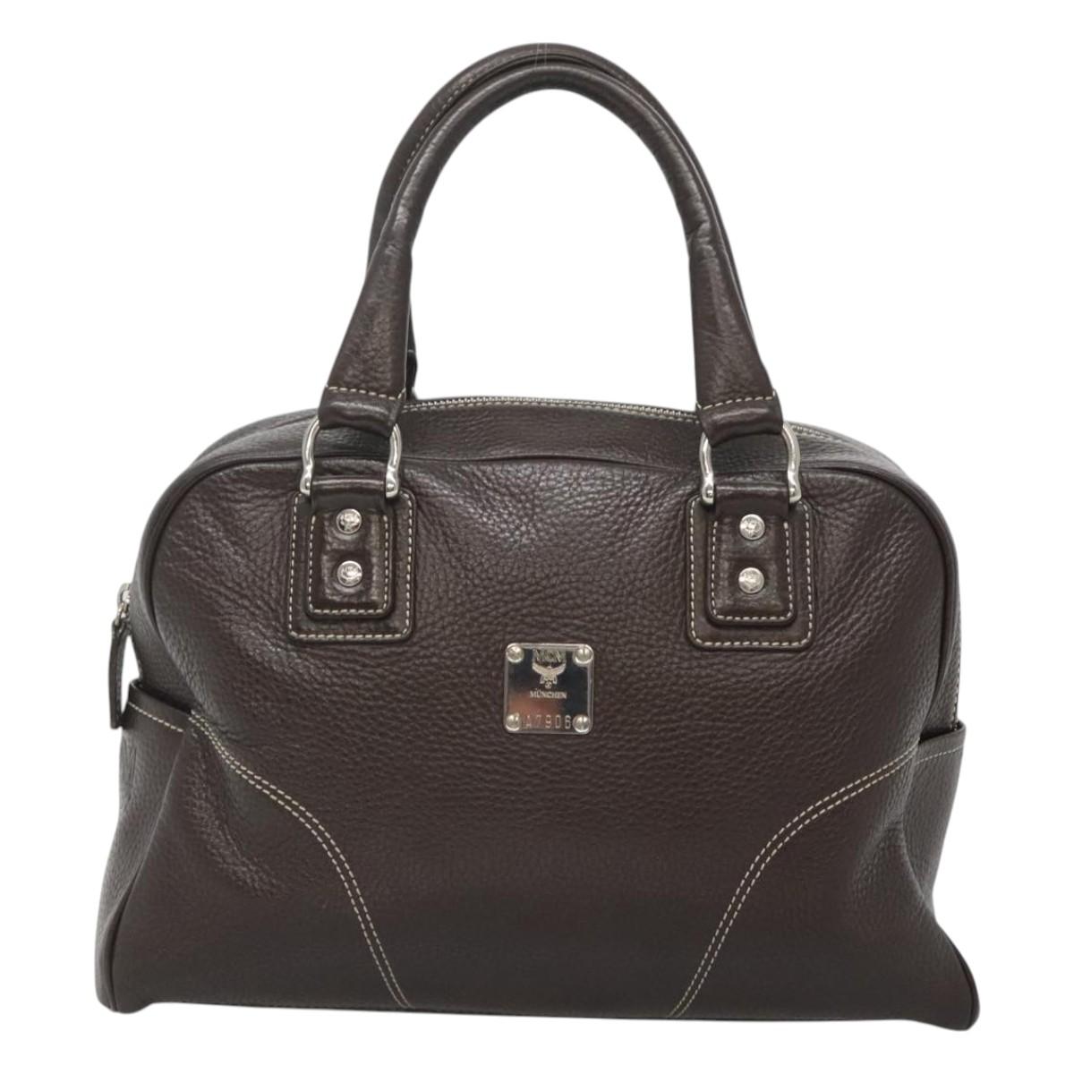 MCM Hand Bag Leather Dark Brown Silver Auth 124506