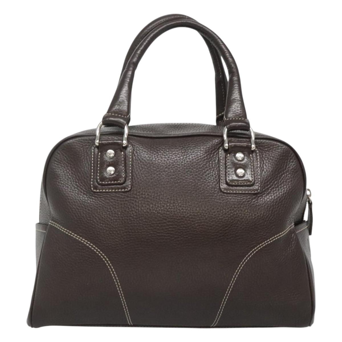 MCM Hand Bag Leather Dark Brown Silver Auth 124506