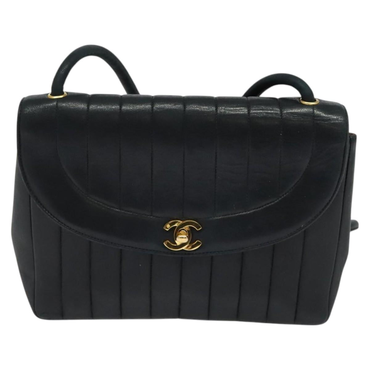 CHANEL Matelasse Mademoiselle Shoulder Bag Lamb Skin Black Gold CC Auth 124522