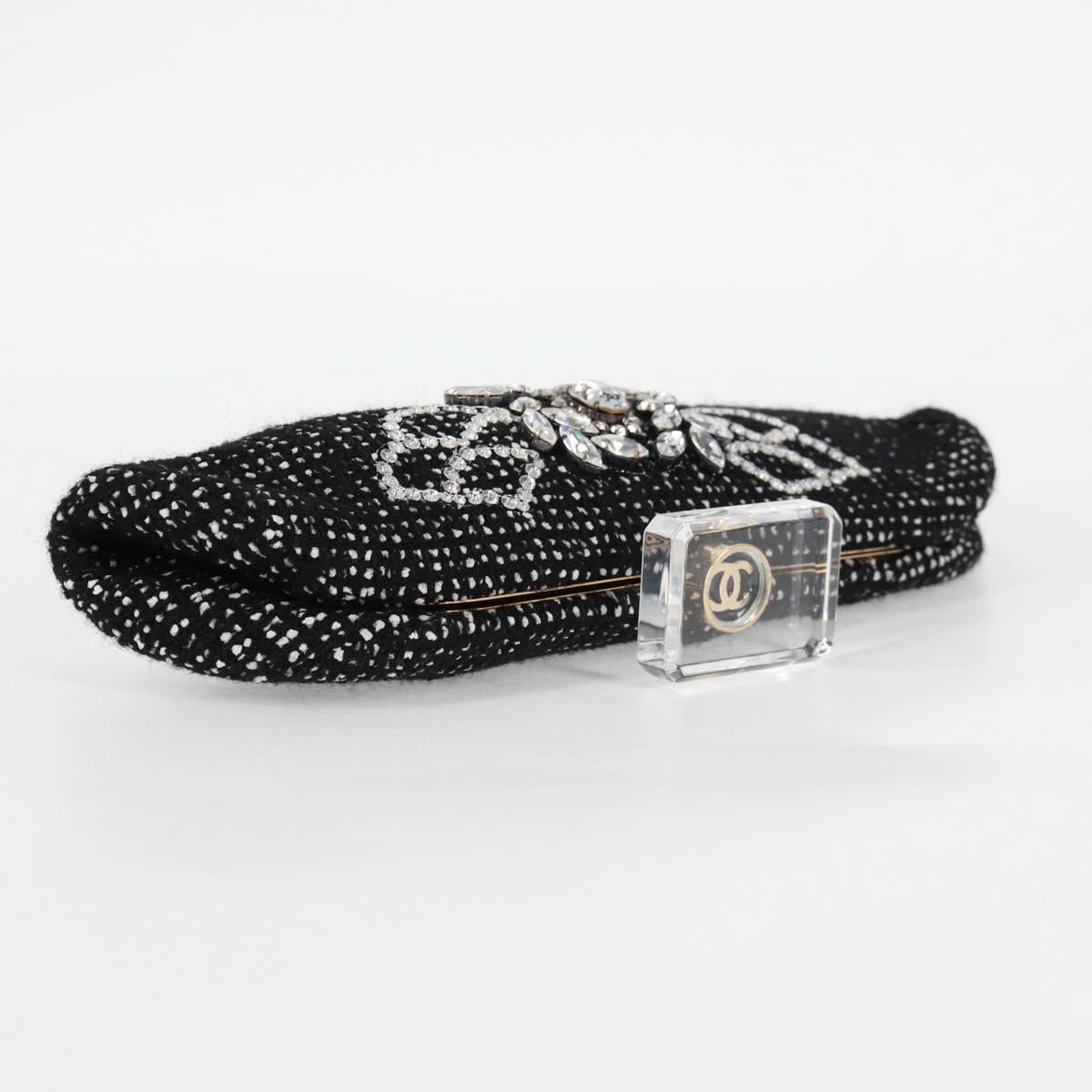 CHANEL Clutch Bag Tweed Black Gold CC Auth 124606AV