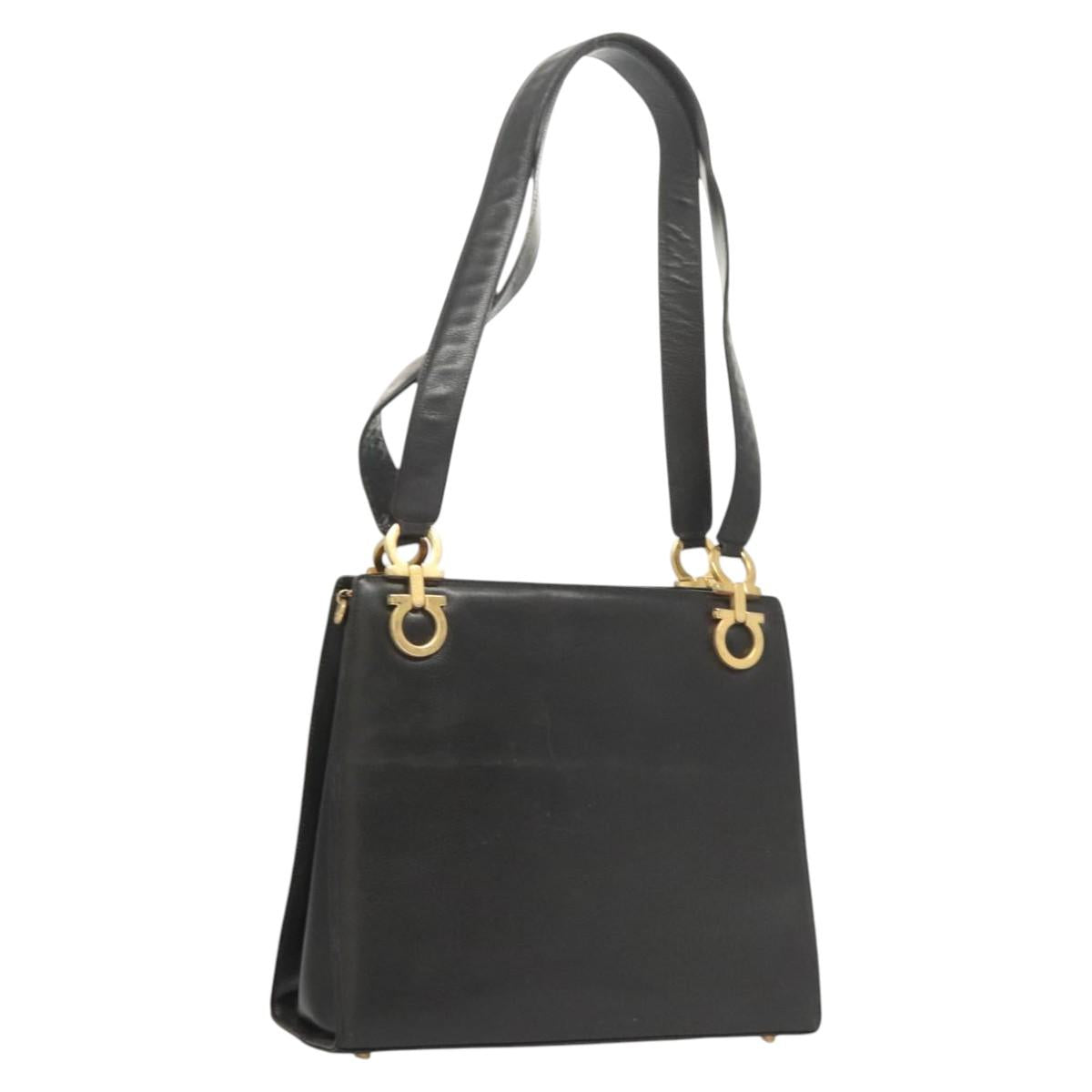 Salvatore Ferragamo Gancini Shoulder Bag Leather Black Gold Auth 124607