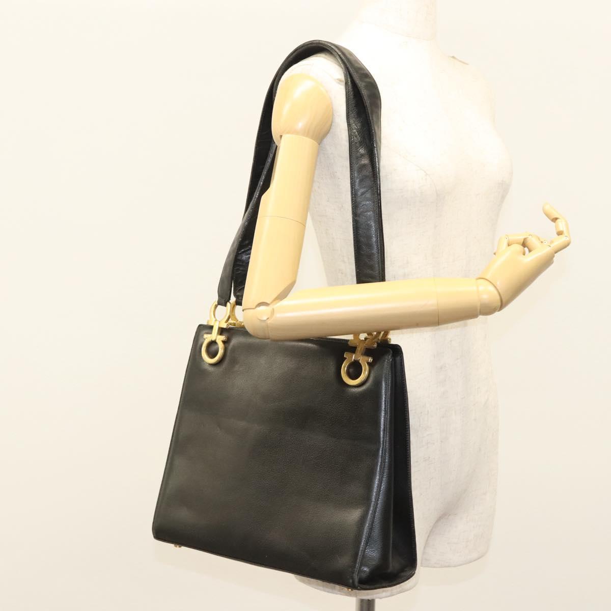 Salvatore Ferragamo Gancini Shoulder Bag Leather Black Gold Auth 124607