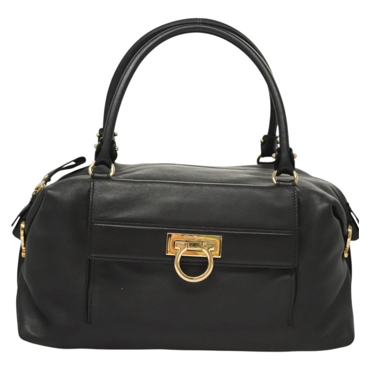 Salvatore Ferragamo Gancini Shoulder Bag Leather Black Gold Auth 124617