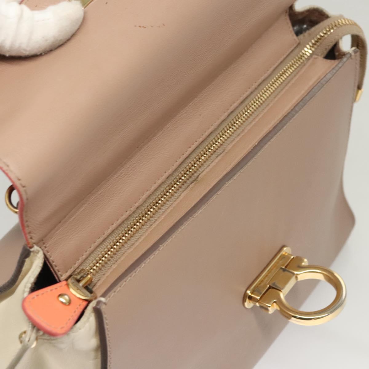 Salvatore Ferragamo Gancini Sofia Hand Bag Leather 2way Beige Gold Auth 124618