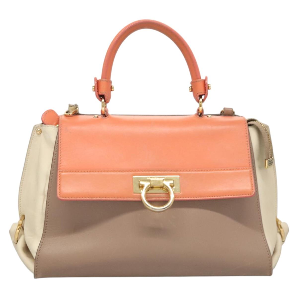 Salvatore Ferragamo Gancini Sofia Hand Bag Leather 2way Beige Gold Auth 124618
