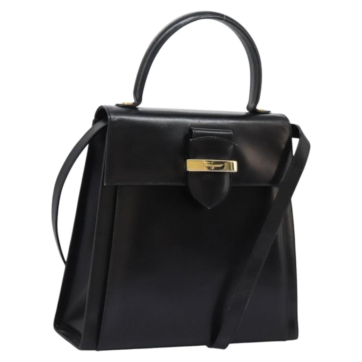 Salvatore Ferragamo Hand Bag Leather 2way Black Gold Auth 124649