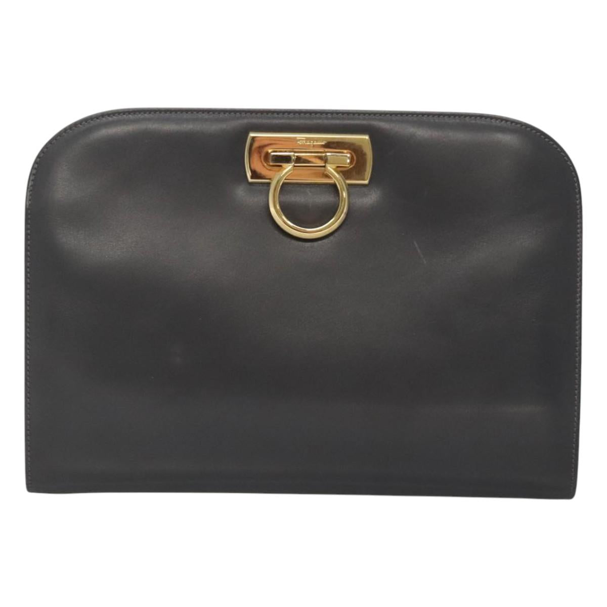 Salvatore Ferragamo Gancini Chain Shoulder Bag Leather Gray Gold Auth 124745