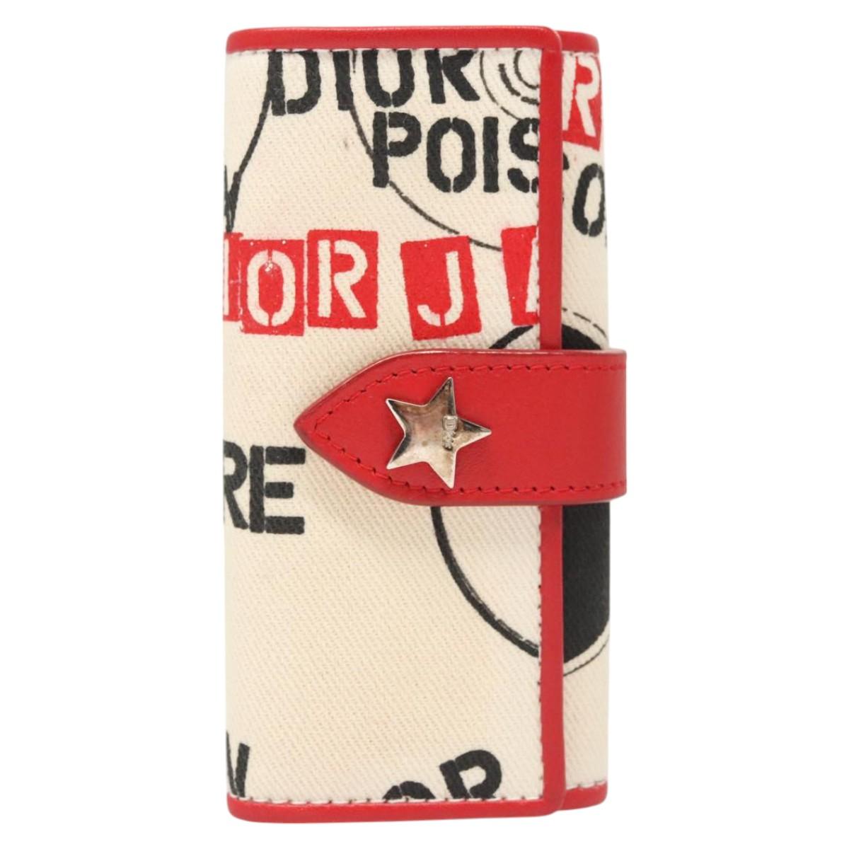Christian Dior Hardcore Key Case Canvas White Red Auth 124776