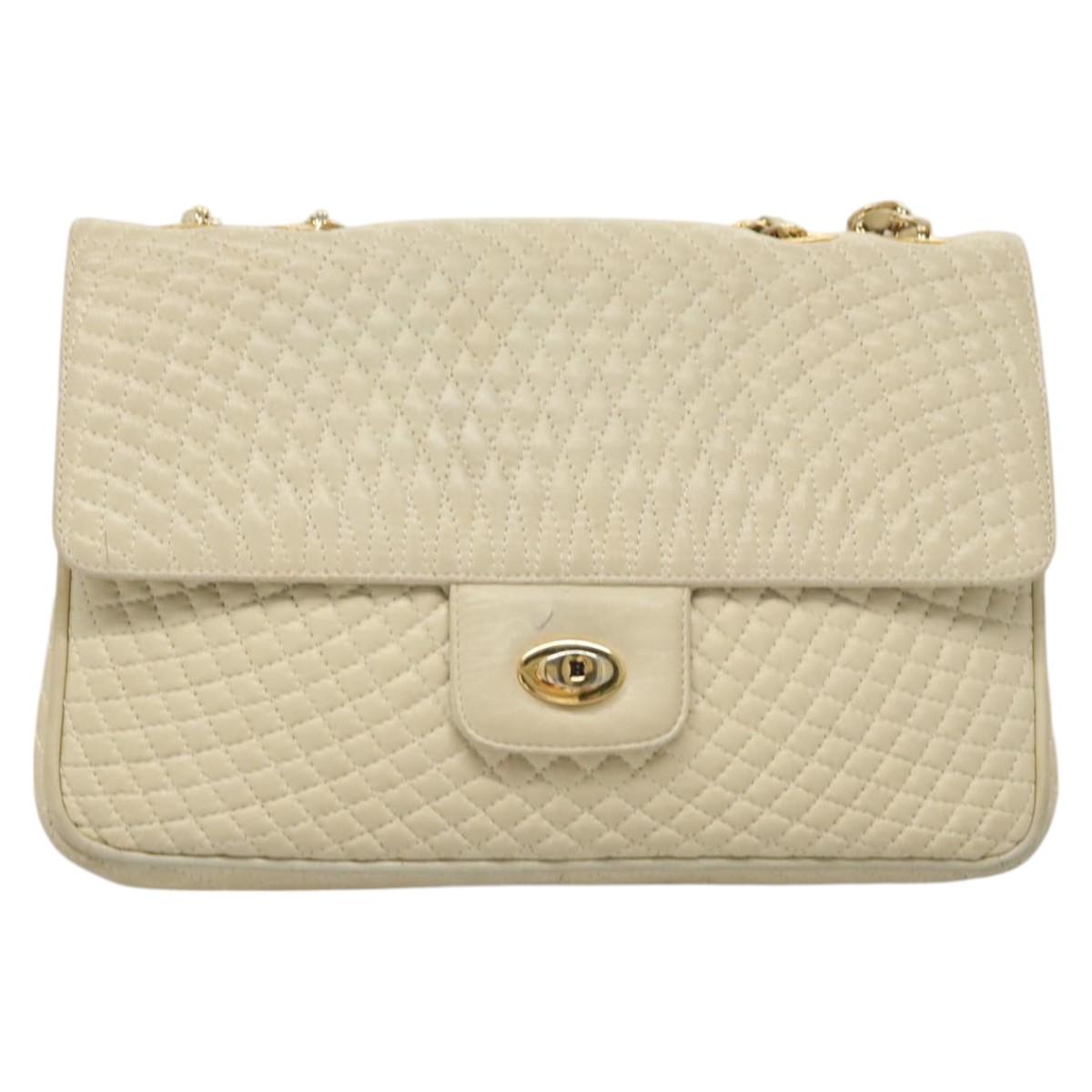 BALLY Chain Shoulder Bag Leather White Gold Auth 124788