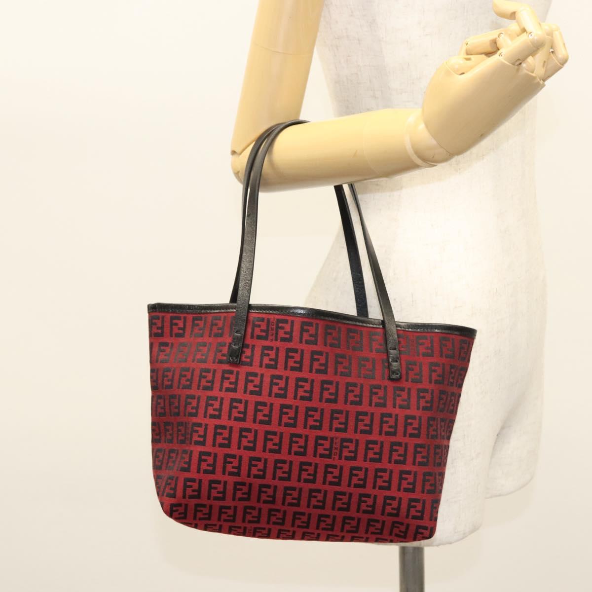 FENDI Zucchino Canvas Hand Bag Red Silver Auth 124864V
