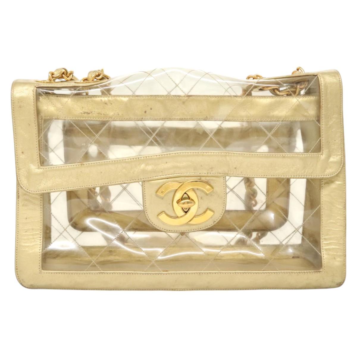 CHANEL Matelasse Chain Shoulder Bag Vinyl Clear Gold CC Auth 124906