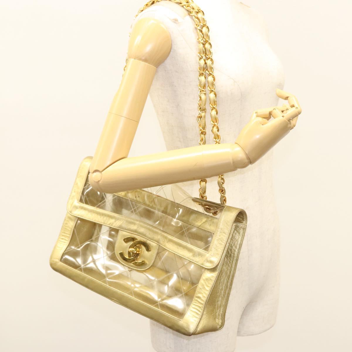 CHANEL Matelasse Chain Shoulder Bag Vinyl Clear Gold CC Auth 124906