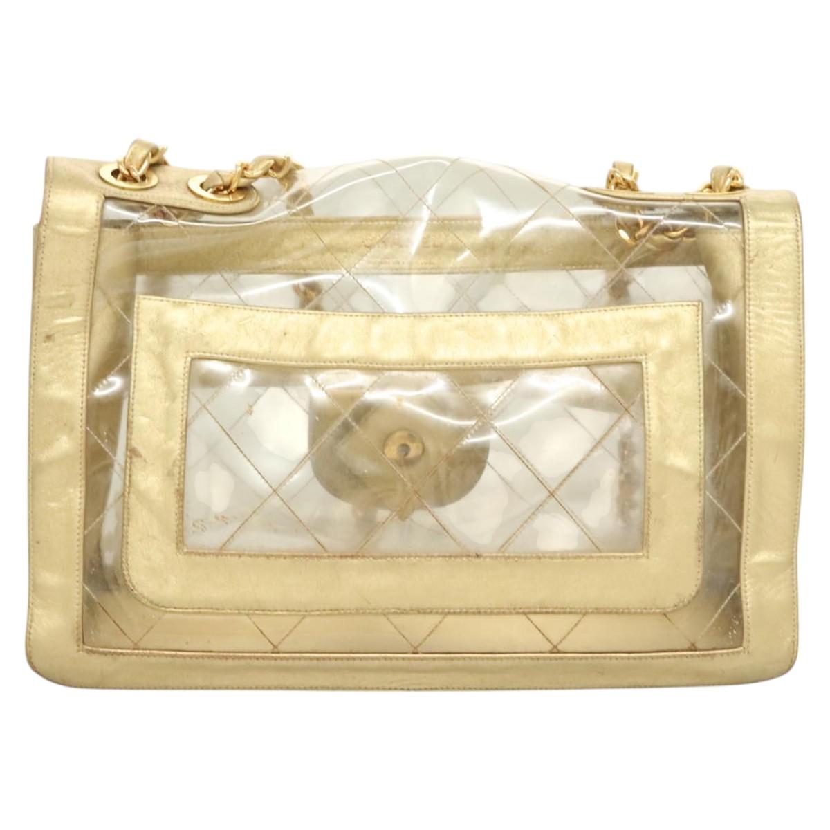 CHANEL Matelasse Chain Shoulder Bag Vinyl Clear Gold CC Auth 124906