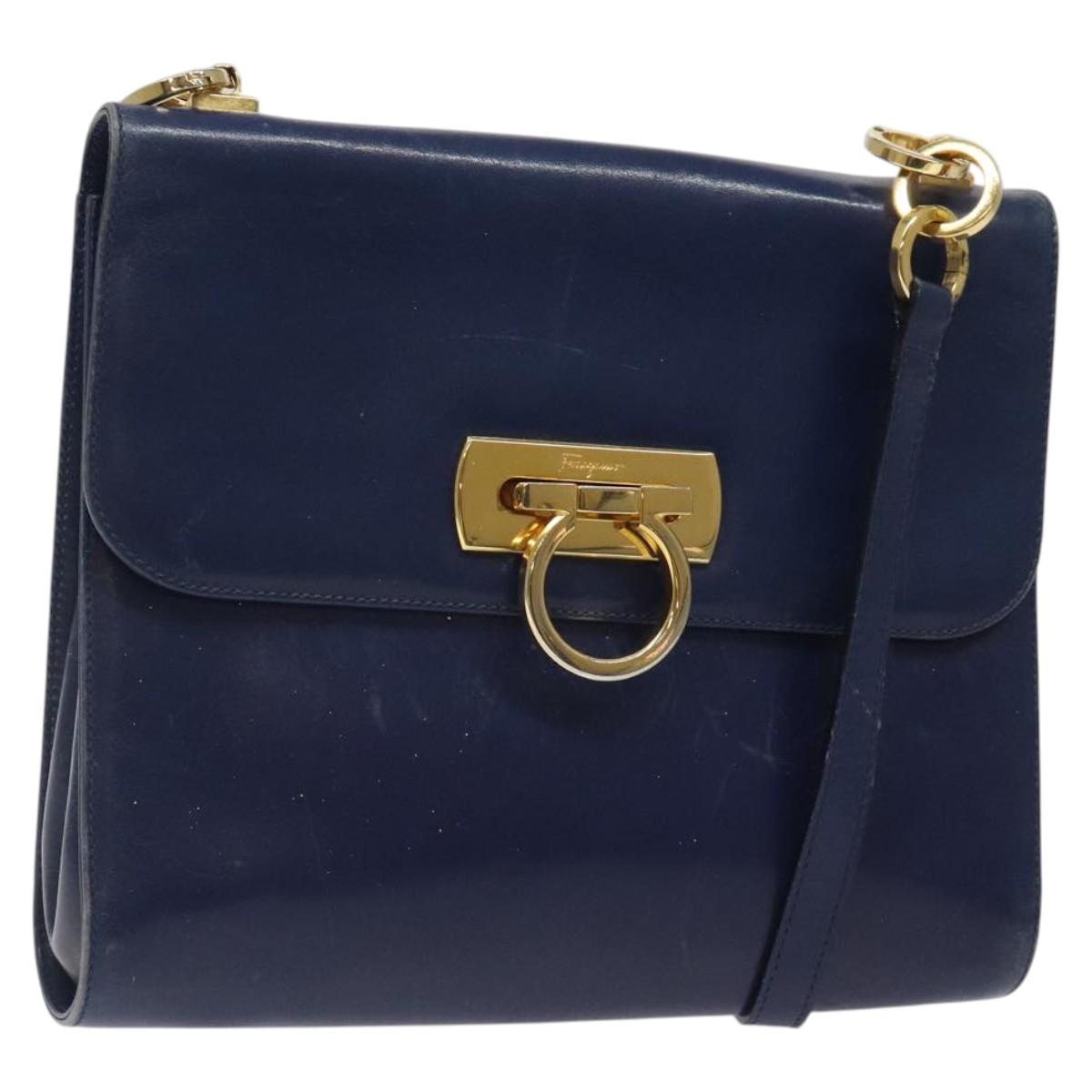 Salvatore Ferragamo Gancini Shoulder Bag Leather Blue Gold Auth 124976