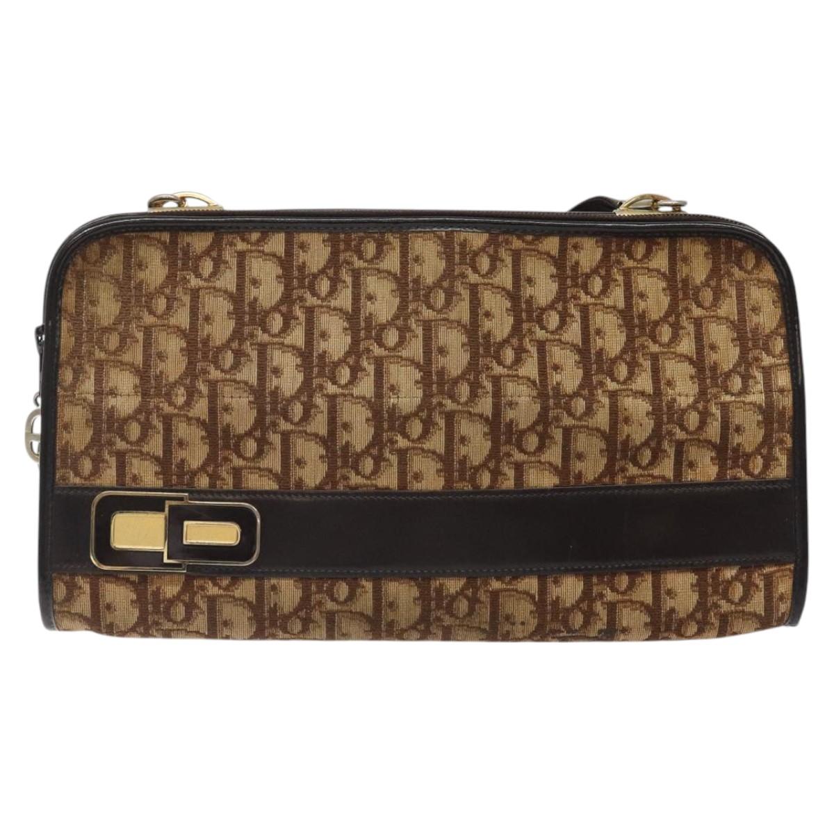 Christian Dior Trotter Canvas Shoulder Bag Brown Gold Auth 124989