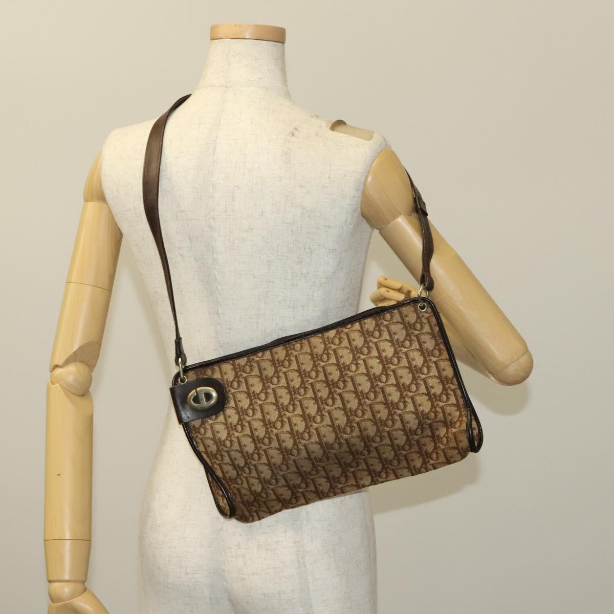 Christian Dior Trotter Canvas Shoulder Bag Brown Gold Auth 124990