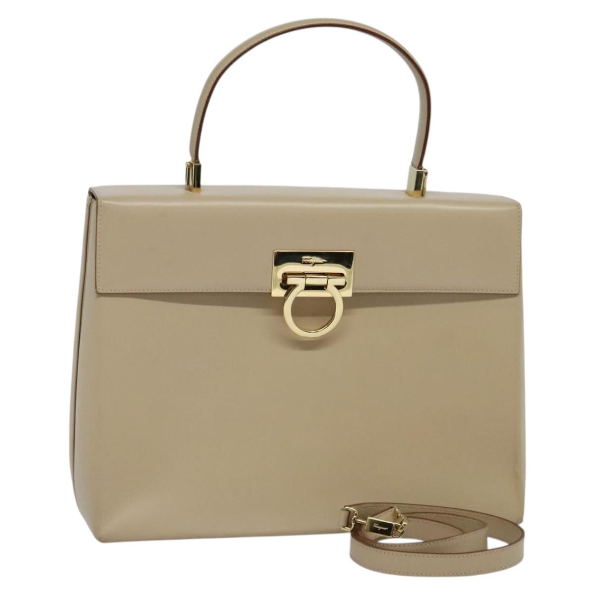 Salvatore Ferragamo Gancini Hand Bag Leather 2way Beige Gold Auth 125026